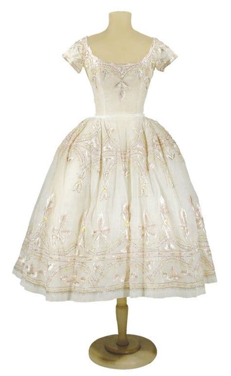 lanvin castillo embroidered organdy bouffant dress french late 1950s ivory embroidered with