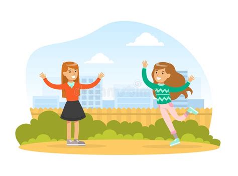 Meet Of Two Girls Cute Teenage Friends Walking Outdoors Cartoon Vector