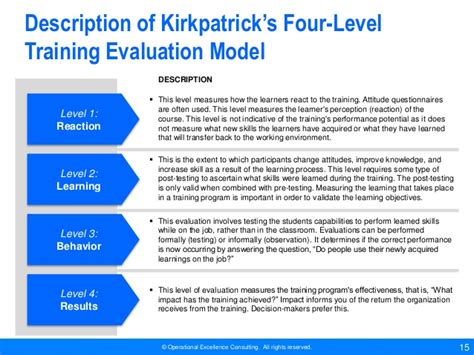 Kirkpatrick training evaluation framework presents a model that health information management (him) instructors can use to improve upon the standard course evaluation form. Training Evaluation Model (TEM) by Operational Excellence ...