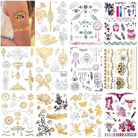 buy konsait 150pcs metallic temporary tattoos for women girls gold sliver glitter design fake