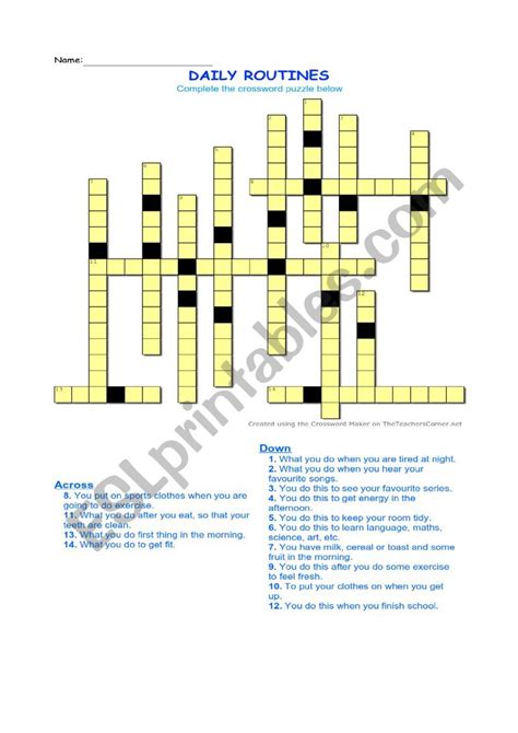 Daily Routines Crossword Esl Worksheet By Magicfalcon684