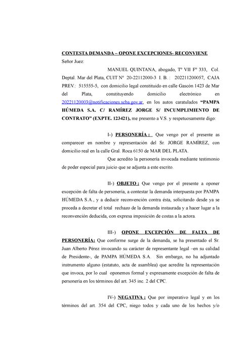 Modelo Contestaci N De Demanda Proceso Ordinario Contesta Demanda