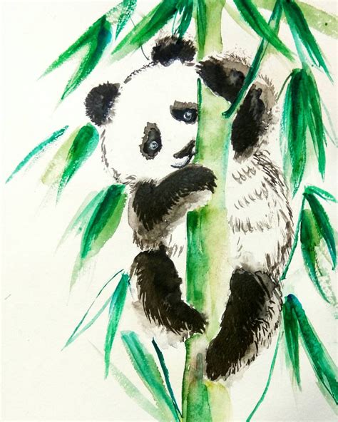 Cute Panda Bear Original Watercolor Ink Painting Children