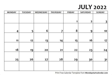 July 2022 Calendar Monday Start July Month Template