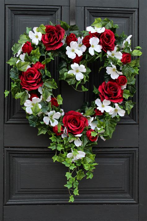 Red Rose White Dogwood And Ivy Valentines Heart Wreath Door Wreaths