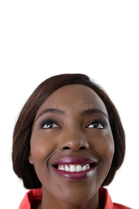 Close Up Of Happy Woman Looking Up Stock Photo Image Of Head