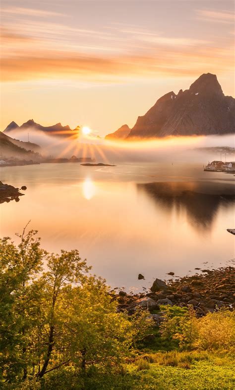 1280x2120 Norway Scenery Mountains Reine Fog Sun Bay 4k Iphone 6 Hd 4k