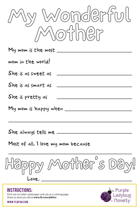 Free Mothers Day Letter And Coloring Page Printable By Purple Ladybug