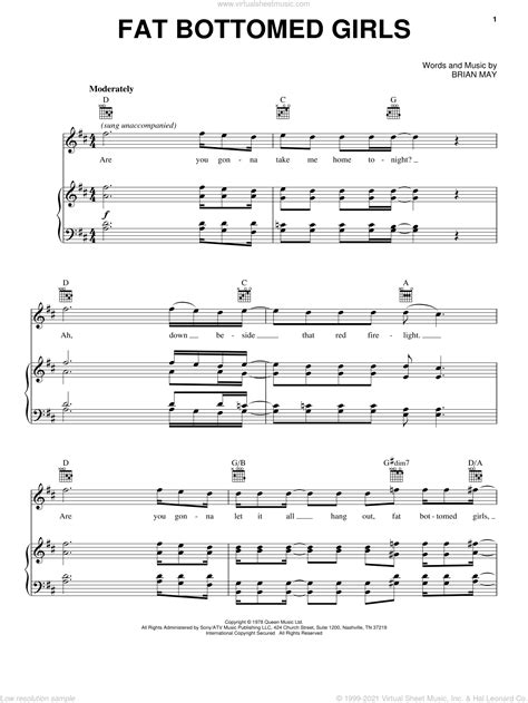 Cast Fat Bottomed Girls Sheet Music For Voice Piano Or Guitar