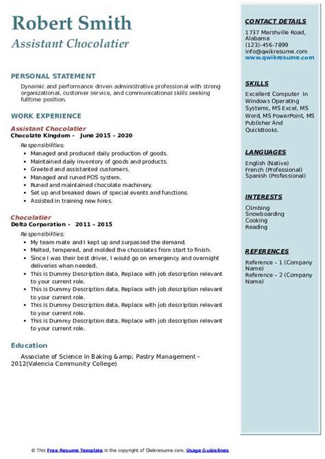 Chocolatier Resume Samples Qwikresume