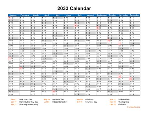 2033 Calendar Horizontal One Page