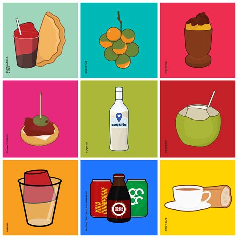 Four Different Types Of Food And Drinks On Colorful Squares Each With