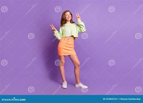 Full Length Photo Of Young Cheerful Girl Happy Positive Smile Show