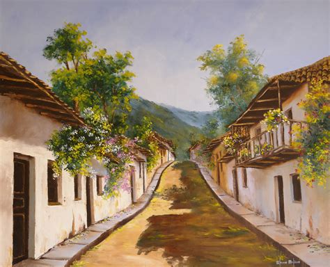 An Oil Painting Of A Street Lined With Houses