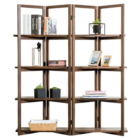 4 Panel Modern Dark Brown Wood Open Bookcase Room Divider Display