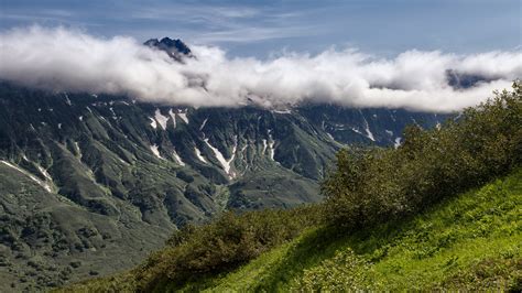 Russia Mountains Shrubs Clouds Kamchatka Nature