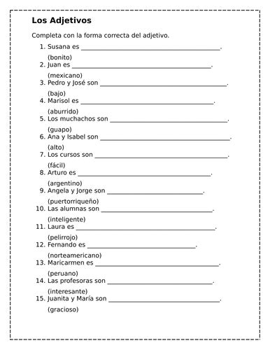 Adjetivos Spanish Adjectives Worksheet 3 Teaching Resources