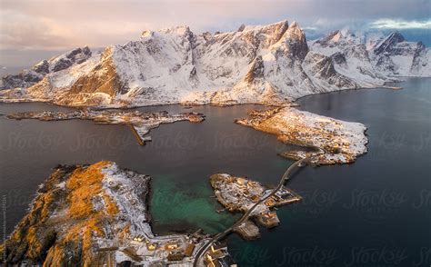 Aerial View Of Reine And Hamnoy At Sunrise In Winter By Stocksy