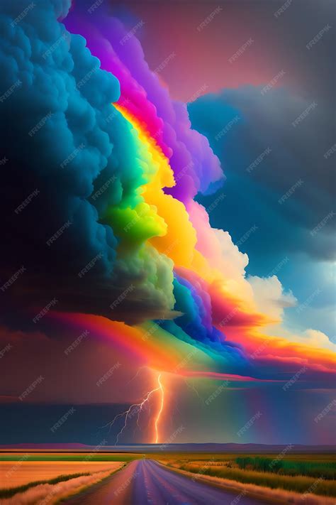 Premium Ai Image Rainbow Storm Clouds Over A Landscape Thunder And