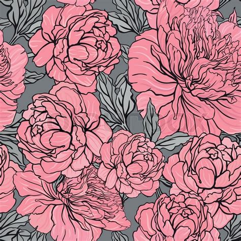 Elegant Seamless Color Peony Pattern On Gray Background Stock Vector