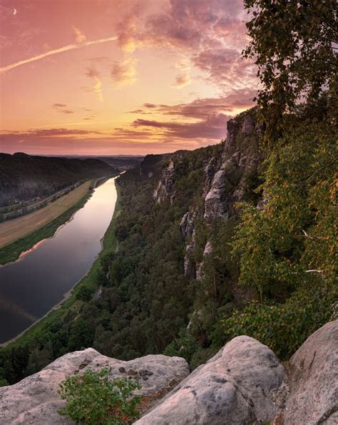 Sunset Above River Elbe Saxon Switzerland Germany By Jens Bohme