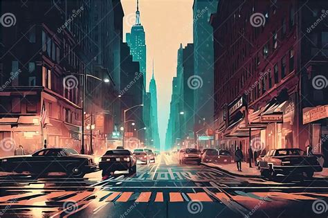 Illustration Of A Street In New York City At Night Stock Illustration
