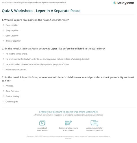 I wish you listed the answers separate! Quiz & Worksheet - Leper in A Separate Peace | Study.com