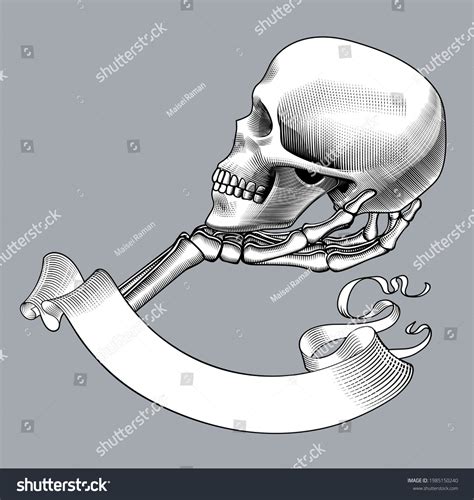 Skeleton Hand Holding Human Skull Halfface เวกเตอร์สต็อก ปลอดค่า