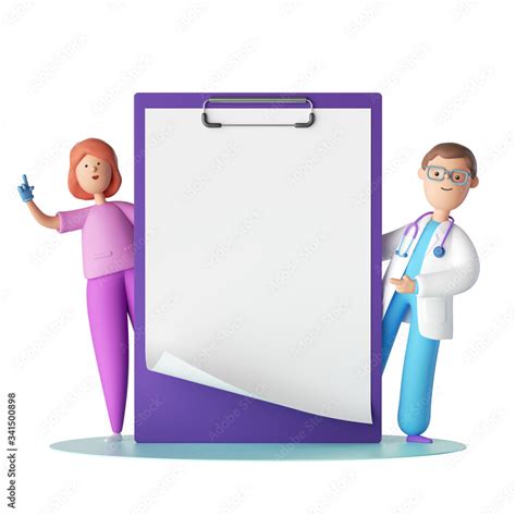 3d Render Cartoon Characters Doctor And Nurse Near The Big Clipboard