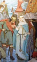 Malcolm greeting Margaret at her arrival in Scotland; detail of a mural ...