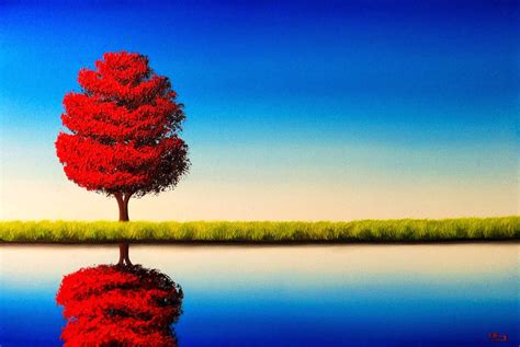 Original Oil Painting Blue Sky Landscape Painting Red Tree Art 24x36