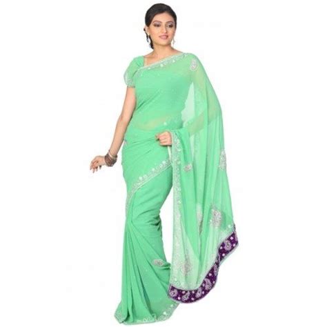 Celadon Green Faux Georgette Embroidered Party And Festival Saree