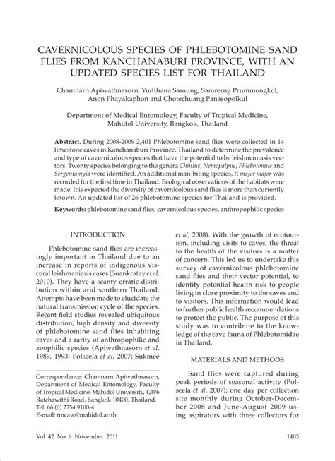 Pdf Cavernicolous Species Of Phlebotomine Sand Flies From Kanchanaburi Province With An