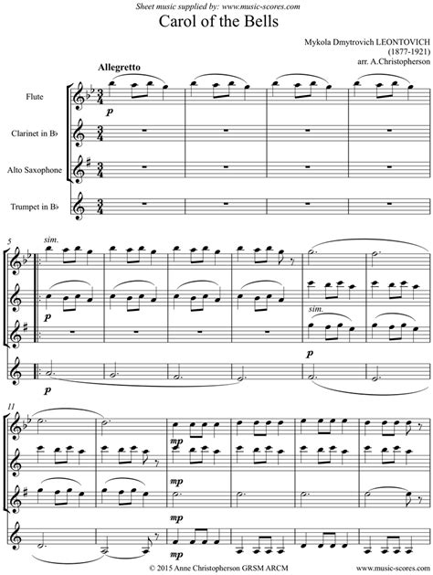 Leontovich Carol Of The Bells Flute Clarinet Alto Sax Trumpet