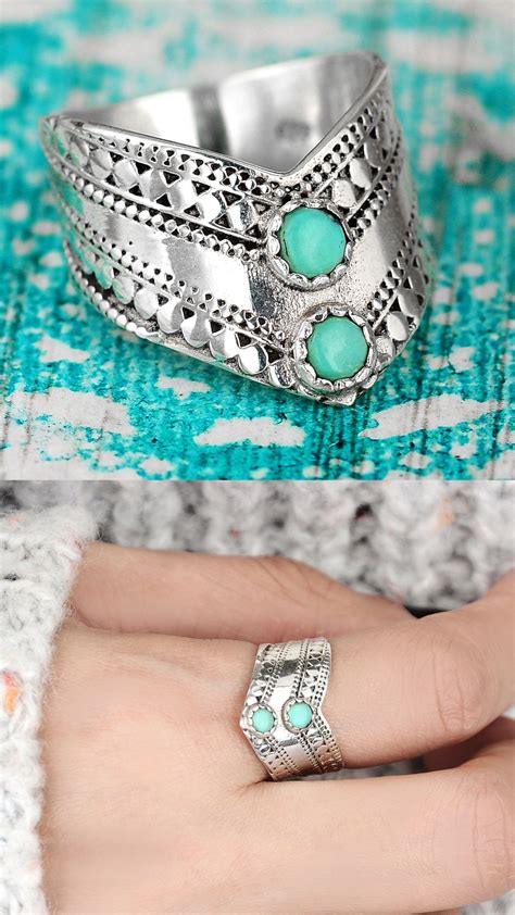 Chevron Double Turquoise Stone Ring Boho Rings Silver Rings Handmade