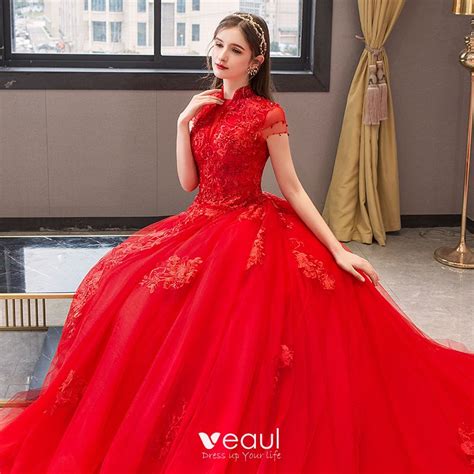 Chinese Style Red Wedding Dresses 2019 Ball Gown High Neck Beading Crystal Lace Flower Sequins