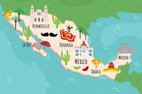 Cartoon Map Of Mexico Travel Illustration With Maracas Sombrero
