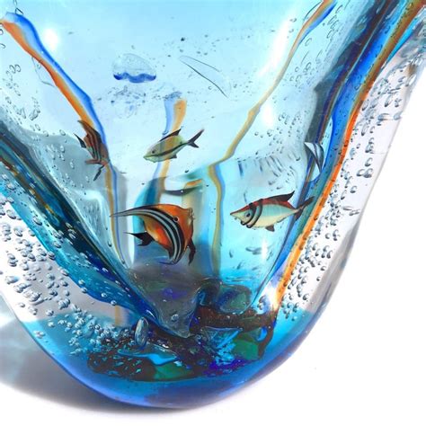 Original Murano Glass Vase Aquarium Shape With Fishes And Plants