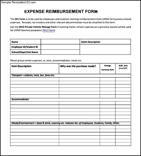 Expense Reimbursement Form Example Sample Templates Sample Templates