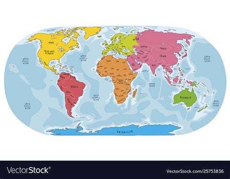 World Map Hand Drawn Colorful Style Royalty Free Vector
