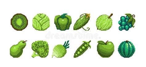 Set Of Pixel Art Green Vegetables And Fruits Icon 32x32 Pixels Vector
