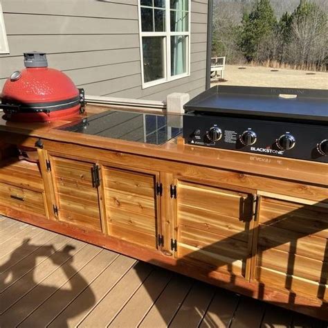Rustic outdoor kitchens ideas feature wooden fixtures and a variety of stone and rock accents. RYOBI NATION - Kamado grill/Blackstone griddle table in ...