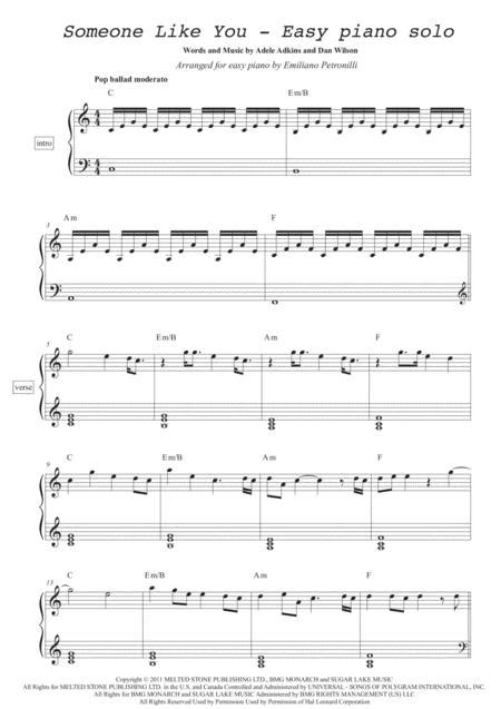 Someone Like You Easy Piano Solo By Adele Digital Sheet Music For