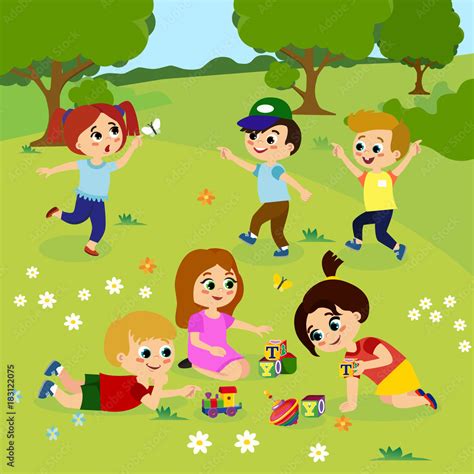 Vector Illustration Of Kids Playing Outside On Green Grass With Flowers