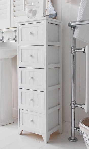 Maine Narrow Tall Freestanding Bathroom Cabinet With 5 Drawers For Storage