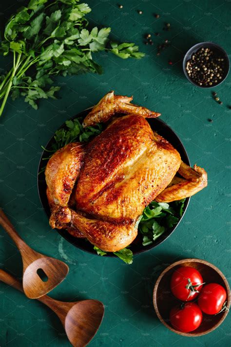 Top View Of Whole Roasted Chicken Containing Chicken Cooked And