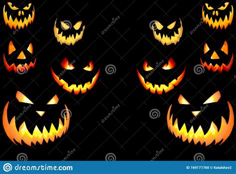 Scary Glowing Eyes And Teeth Of Halloween Pumpkins Stock Illustration