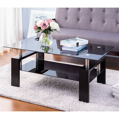 Rectangle Glass Coffee Table Modern Side Center Table With Shelf And Wood Legs Mid Century