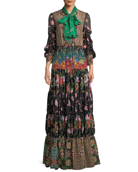 Alice Olivia Clementine Tie Neck Long Sleeve Tiered Printed Maxi
