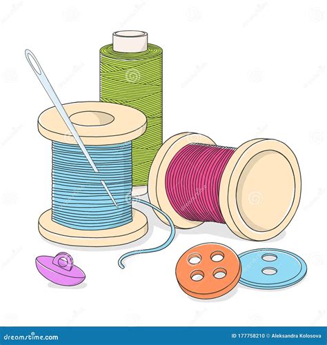 Spools Of Thread Buttons And A Sewing Needle On A White Background